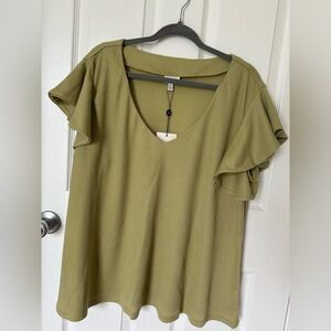 Green Flutter Sleeve Ruffled Blouse